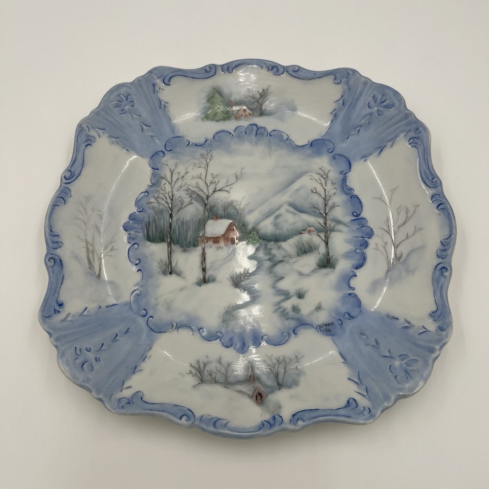 Vintage Hand Painted Winter‎ Scene Decorative Plate Signed 1976